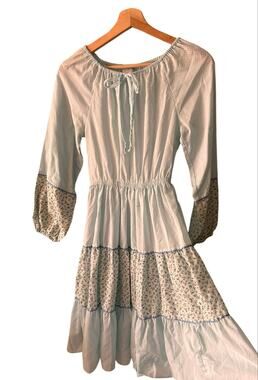 Vintage 70s Powder Blue Swiss Dot Prairie Dress Floral Trim Semi Sheer XS -